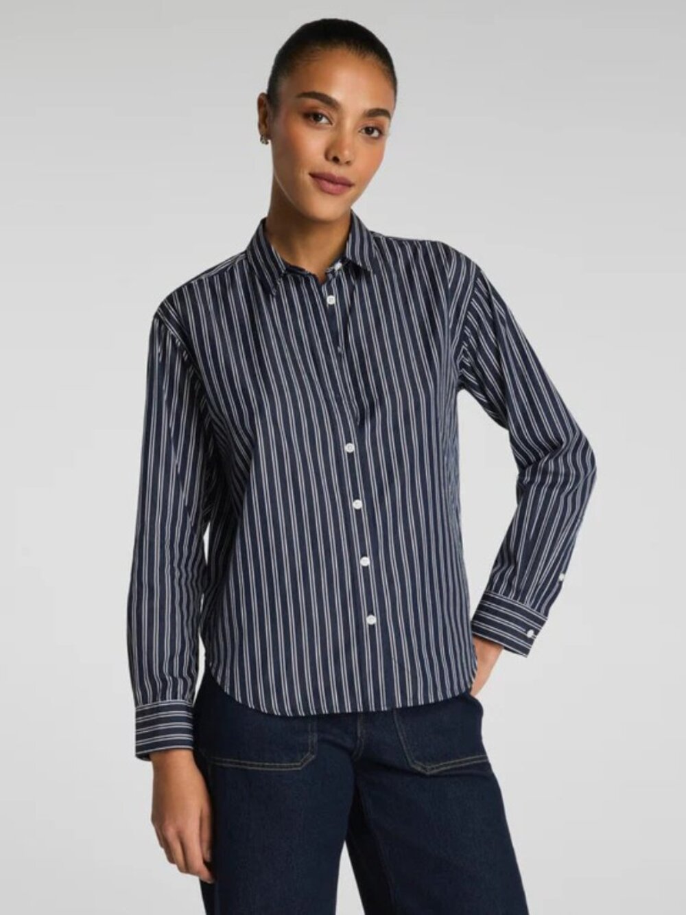 SPANX® $128Poplin Oversized Button-Up Shirt Timeless Navy/Classic White 3X NWT!